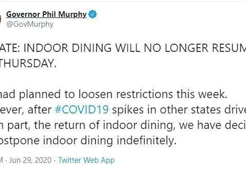 NJ Indoor Dining Has Been Postponed by Governor Murphy. No New Date Set. Cites the Spikes of Cases in Other States