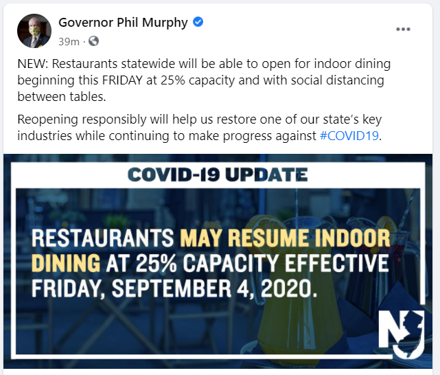New Jersey Indoor Dining APPROVED! Starting Friday September 4th. 25% Capacity!