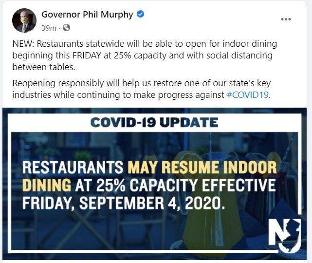 New Jersey Indoor Dining APPROVED!  Starting Friday September 4th.  25% Capacity!